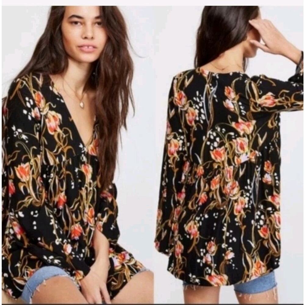 Free People Bella black v-neck flowy boho Floral-Print Tunic or Mini Dress Sz XS